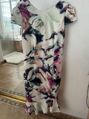 Betsey Johnson White Midi Dress with Purple, Green and Black Brushstroke Print